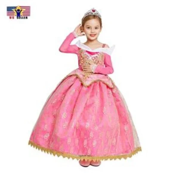strapless open back dress Princess Aurora dress cartoon pattern for girls kids toddler – Cosplayrr